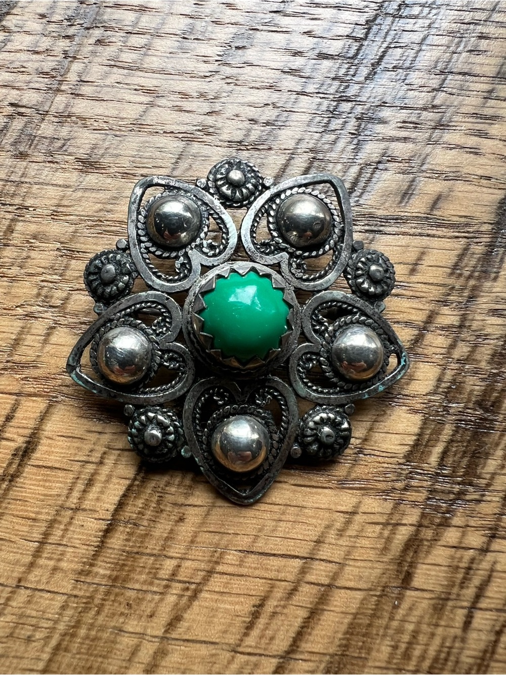 Vintage Silver Floral Brooch with Green Stone Center